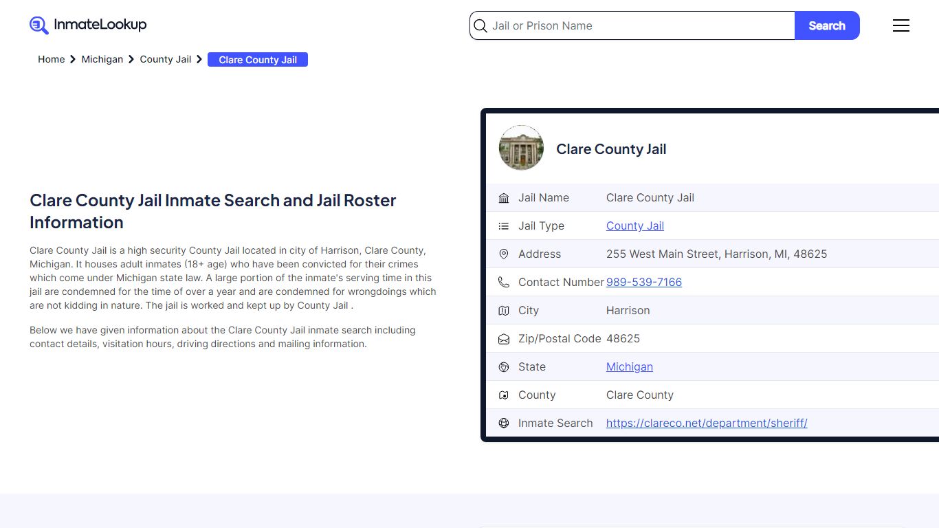 Clare County Jail (MI) Inmate Search Michigan - Inmate Lookup